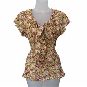 BETHANY Women's Yellow Floral Print Short Sleeve Tie Front Blouse